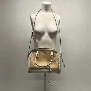 Kate Spade Reiley Dome Satchel Purse Handbag Straw Wicker Leather Trim White